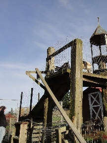 Goats clamber up and down a 2-level tower